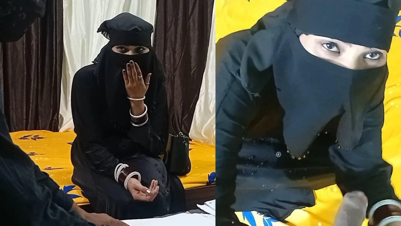 Pretty girl in hijab playing with officer’s cock for signature