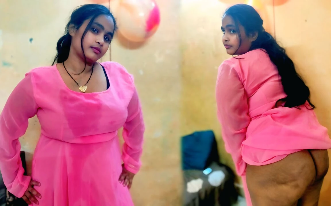 Sexy Indian Chubby Bhabhi in See-through Pink Gown – Massive Ass & Curvy Body Reveal